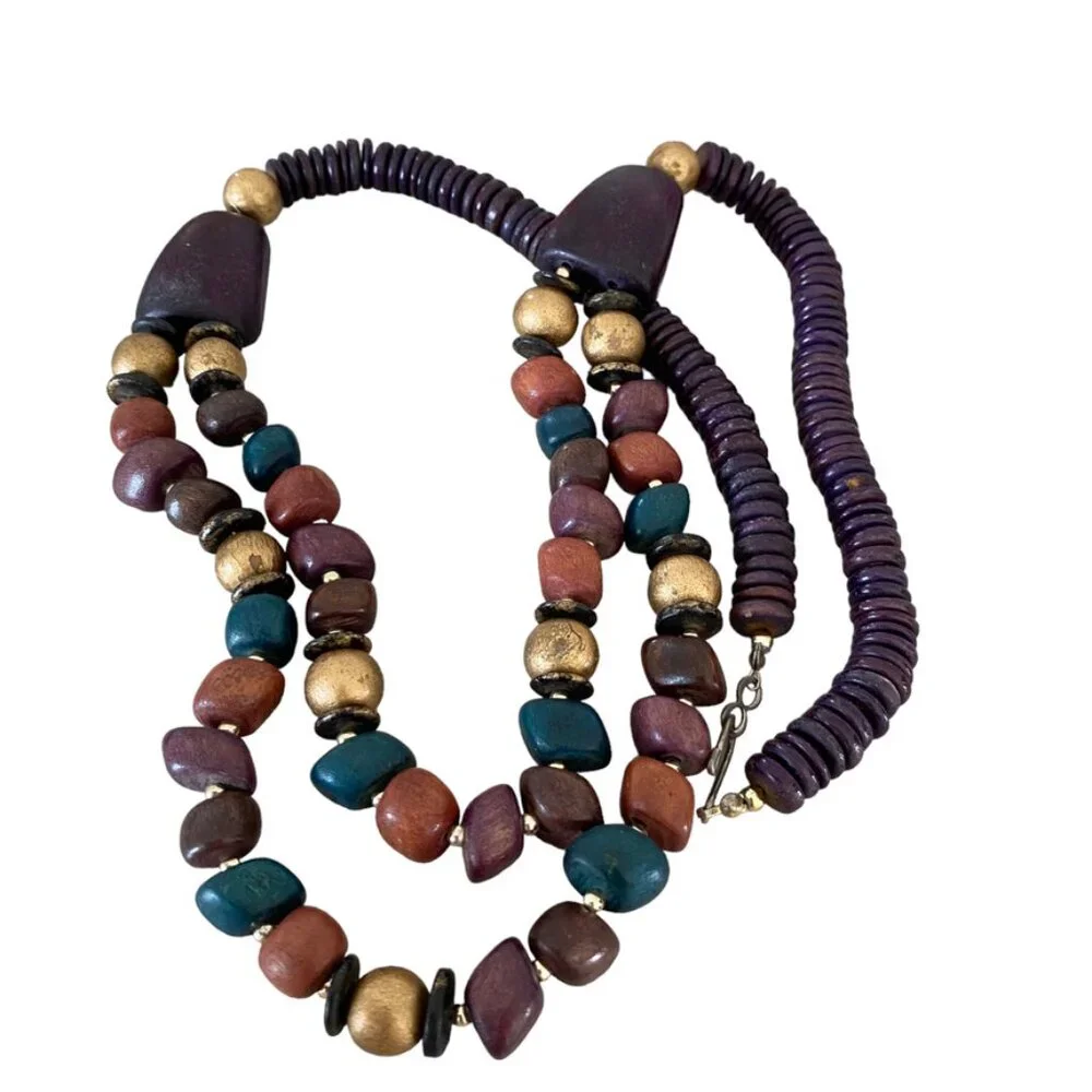 70s wooden necklace double strant multicolor